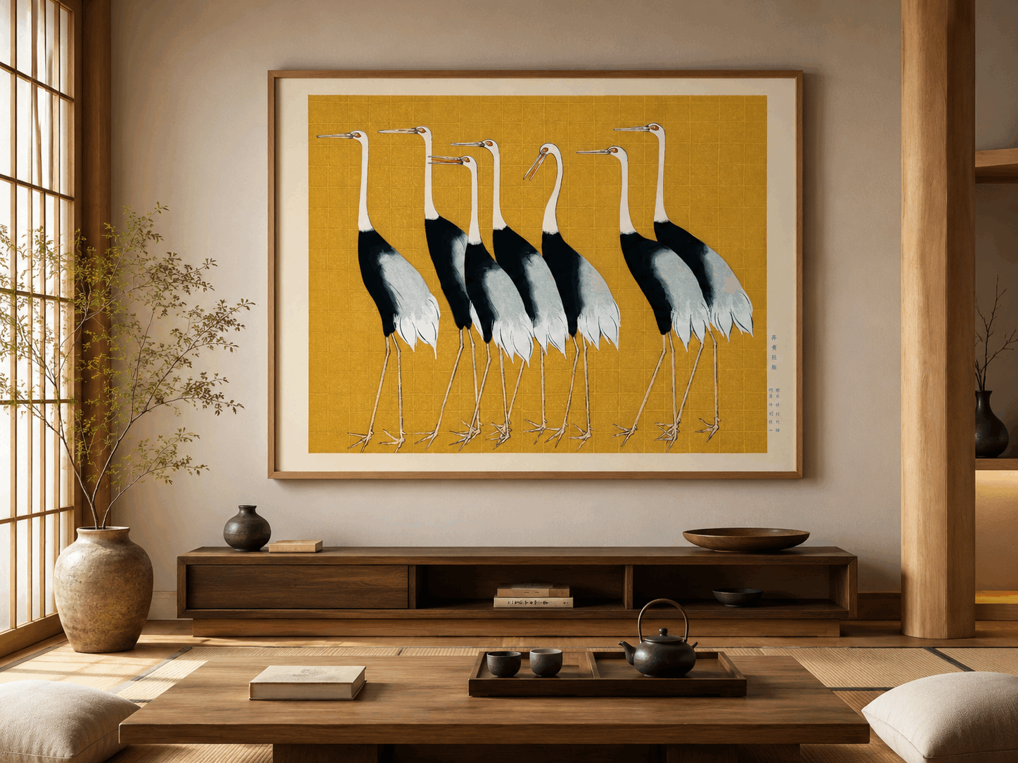 A traditional portrait of a flock of beautiful Japanese red crown crane by Ogata Korin