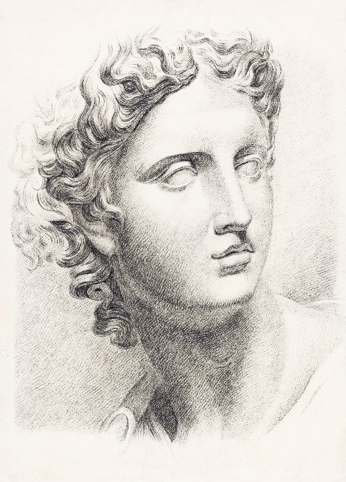 Academiestudie naar een gips van een antiek beeld manskop, naar rechts 1819–1888 Johannes Tavenraat