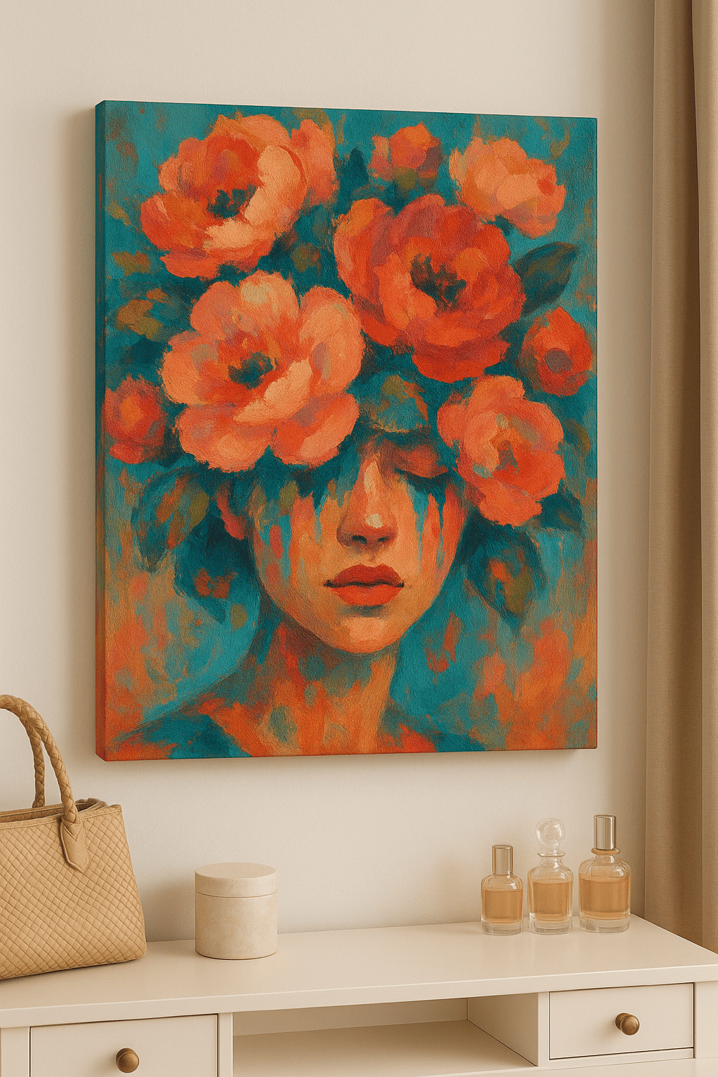 كانفاس فني بحس رومانسي لوجه امرأة مع زهور ملونة