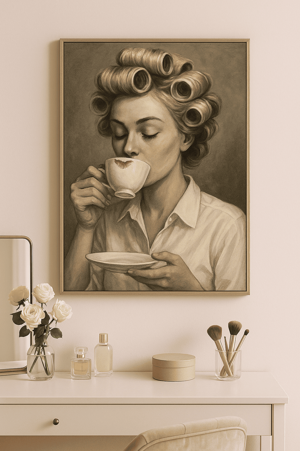 لوحة بدرجات سيبيا لامرأة تحتسي قهوة بصحن خزف