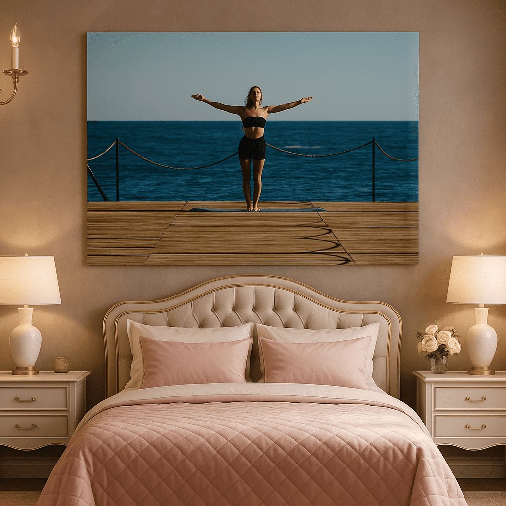 كانفاس ليوغا الفجر على رصيف خشبي فوق مياه فيروزية