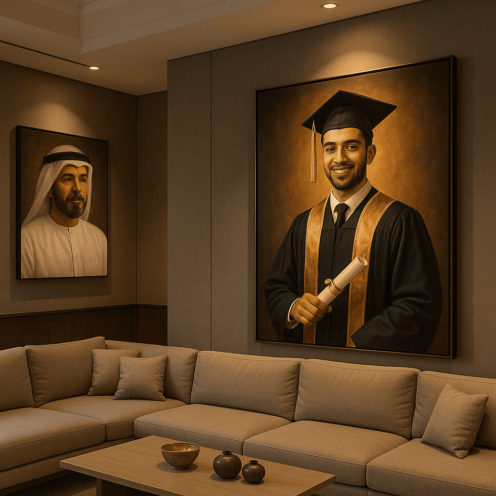 A premium canvas print hanging in a modern majlis