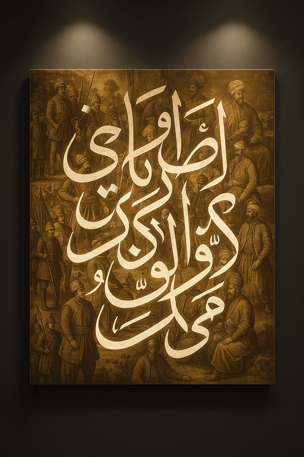 Brushed-aluminium print of contemporary Arabic calligraphy in jet black and gold, spot-lit on a textured charcoal wall