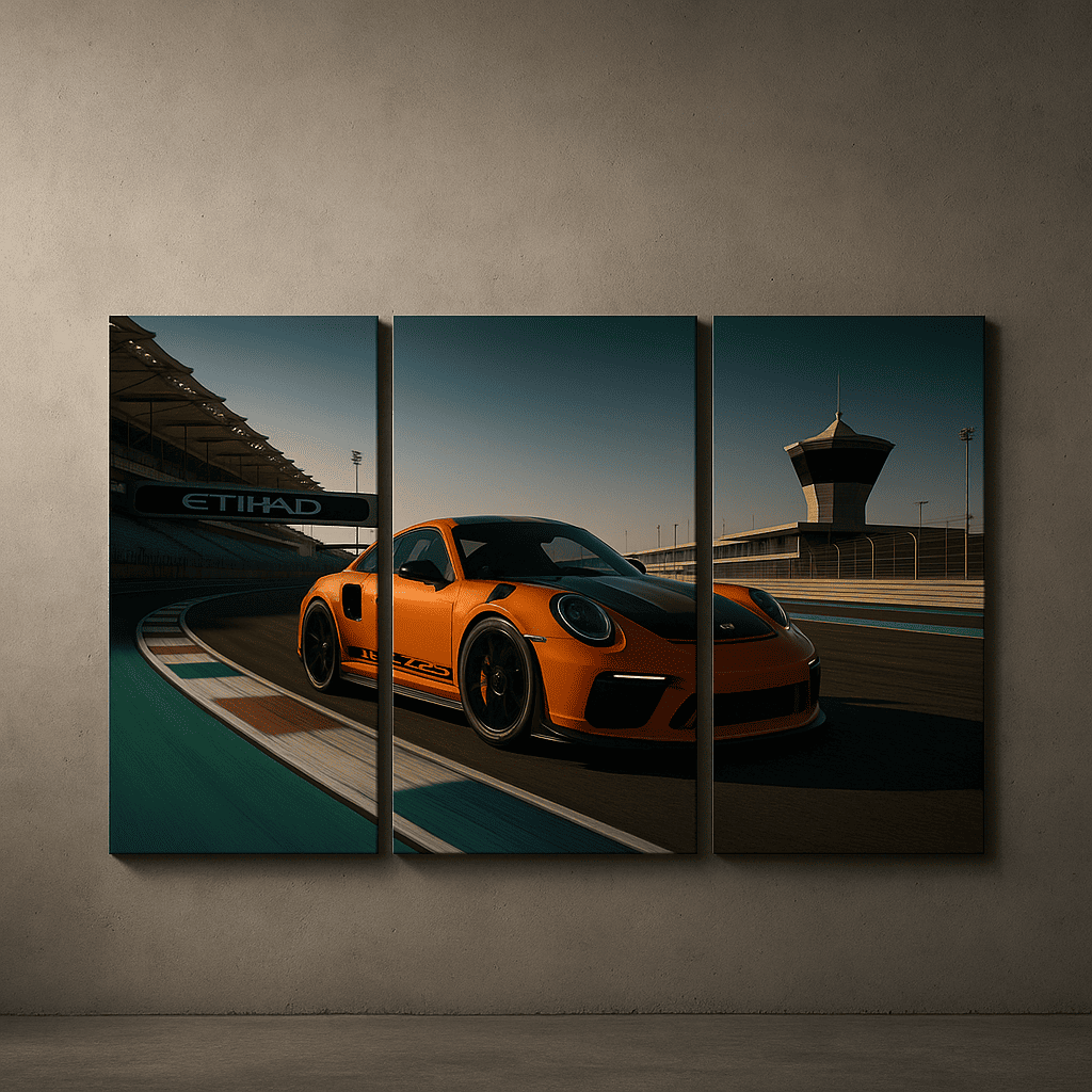 A stylish three-panel triptych displaying a high-octane supercar carving through the Abu Dhabi F1 track