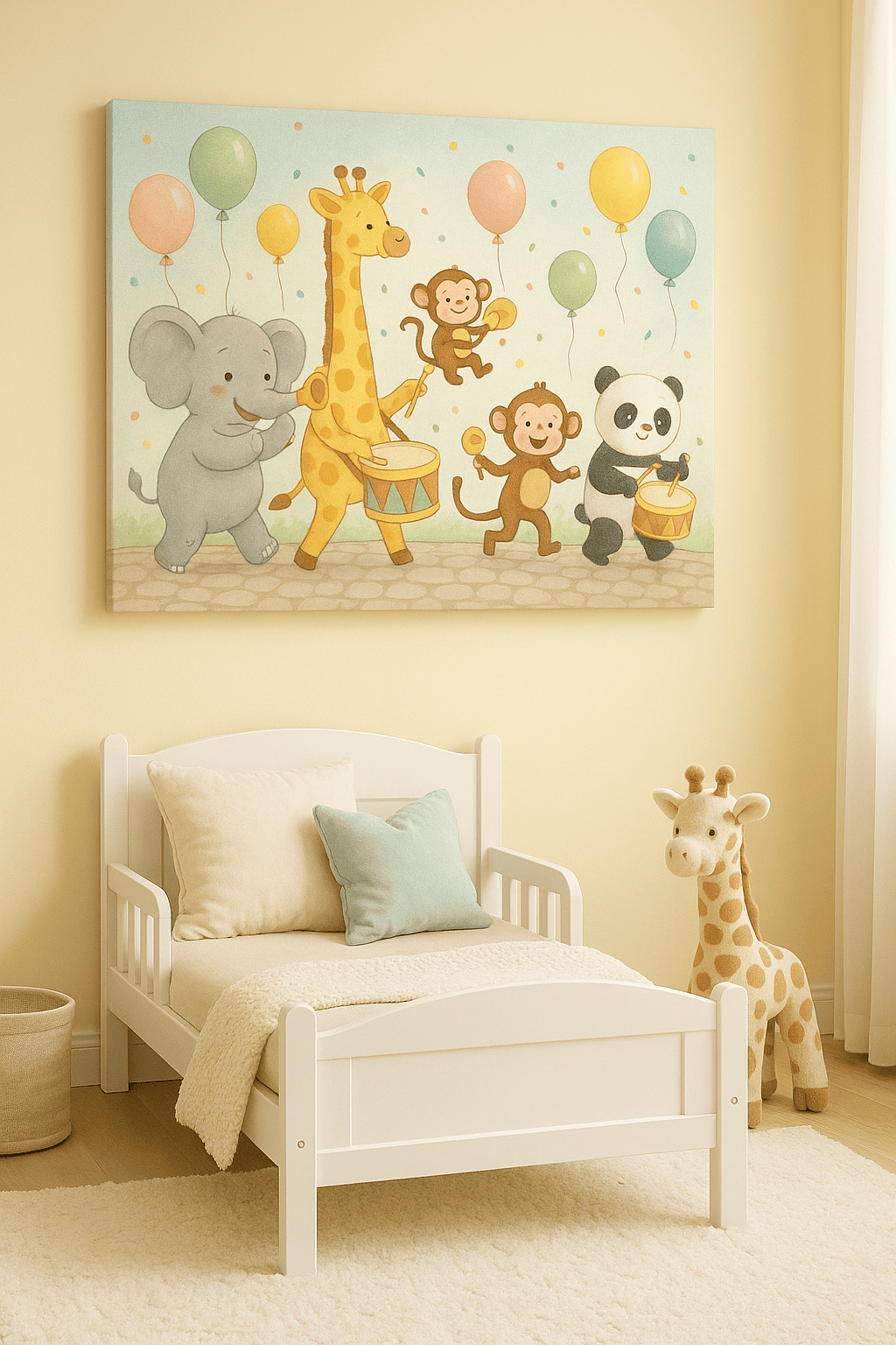 كانفاس مرح لفيل وزرافة وقرود وباندا في موكب موسيقي