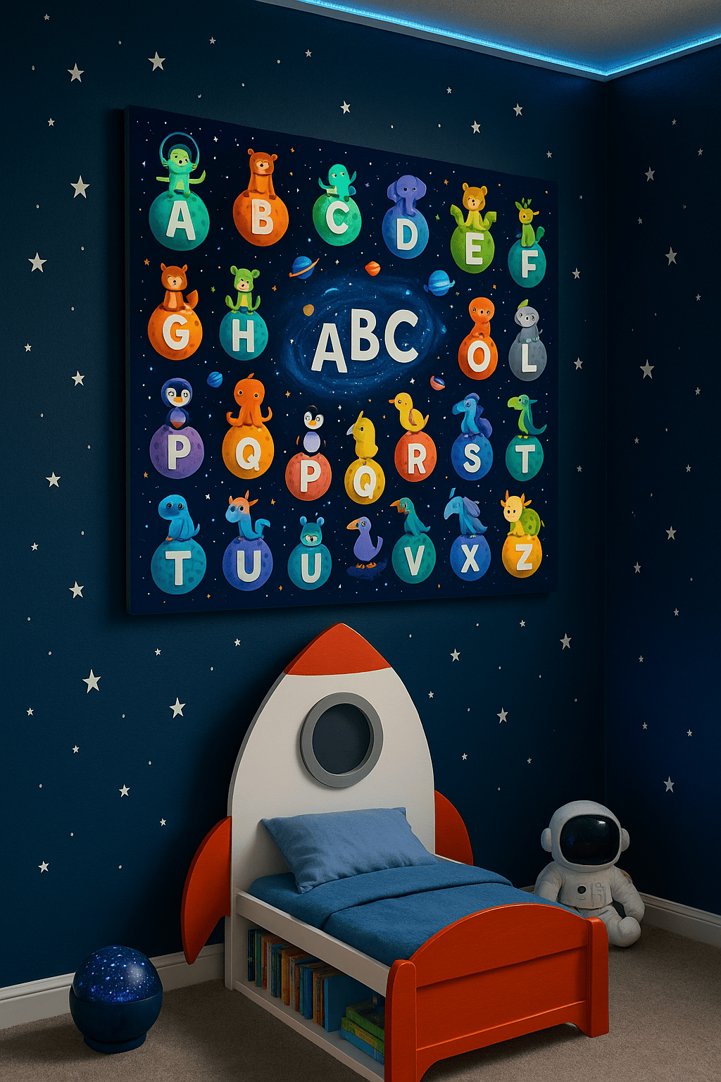 كانفاس لحروف A–Z على كواكب مع شخصيات حيوانات لطيفة