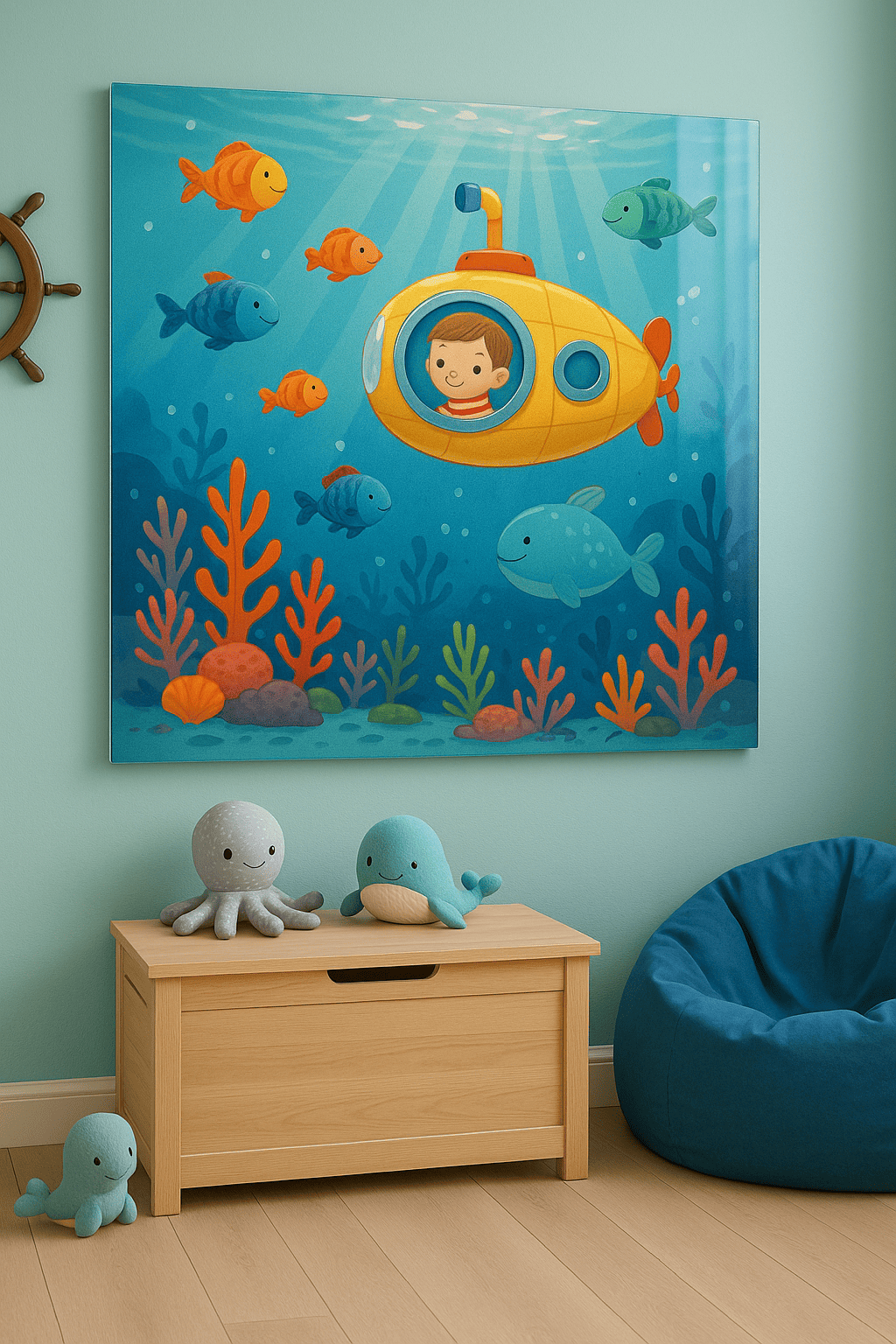طباعة أكريليك لغواصة صفراء وأسماك مرحة وشعاب مرجانية